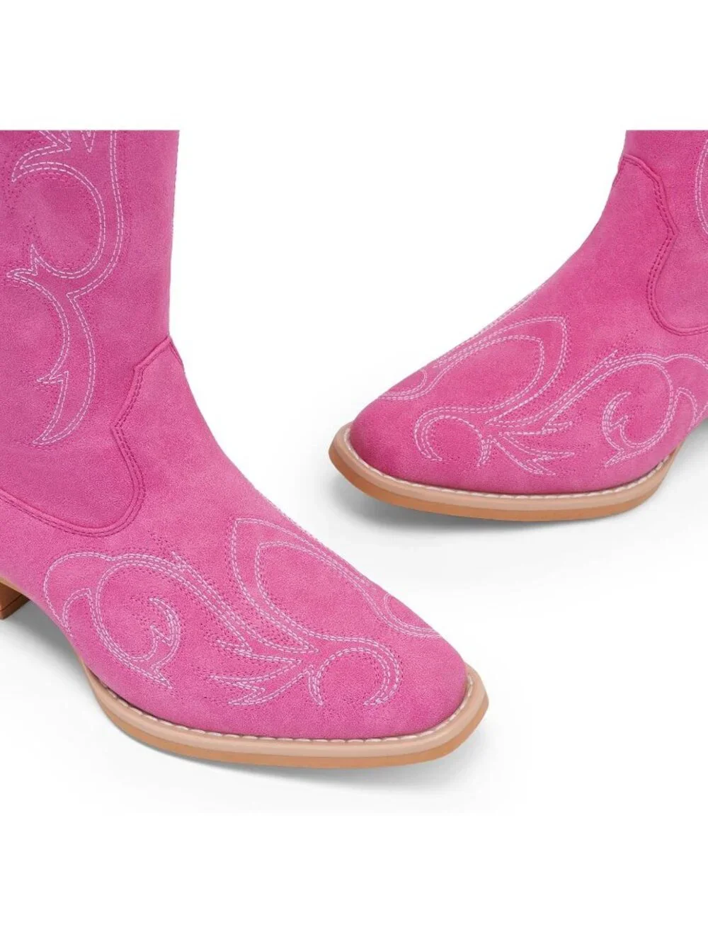 Women's Pink Rubber Cowgirl Knee High Pointed Toe Block Heel Embroiderd Boots